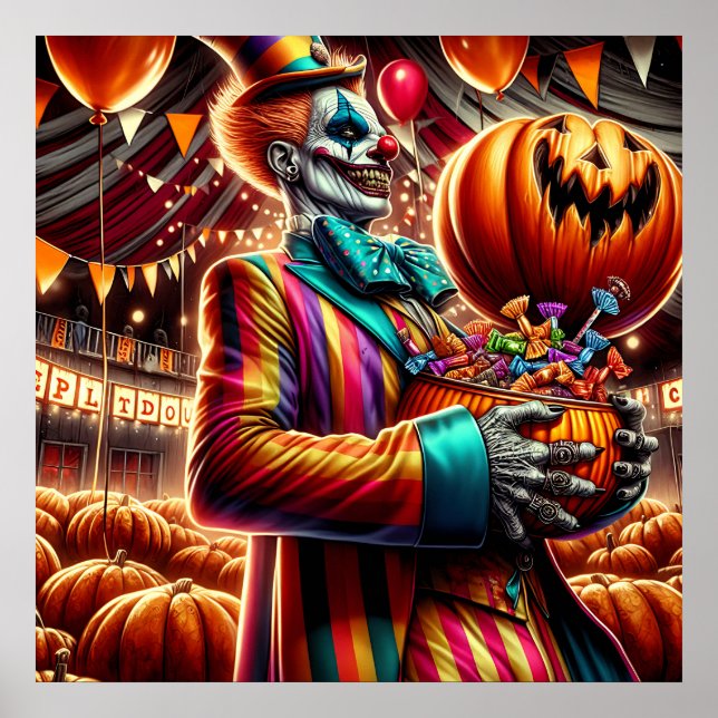 Scary Clown with Jack O' Lantern Halloween Poster (Front)