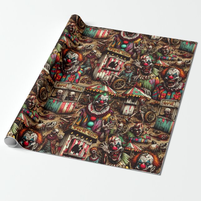Scary Clown Zombie at Carnival Birthday Wrapping Paper (Unrolled)