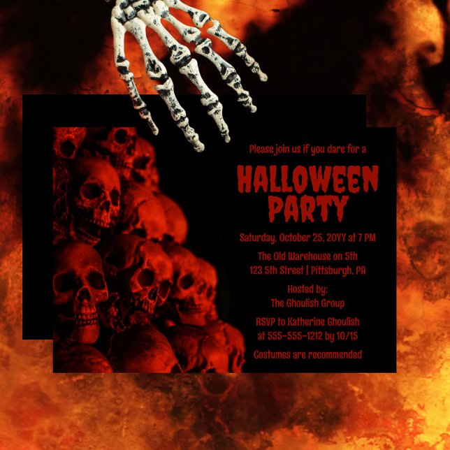 Scary Creepy Spooky Red Skulls Halloween Party Invitation (Creepy and spooky and oh so scary red skulls "Halloween Party" invitation.)