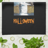 Scary Cute Halloween Haunted House Cat Kitchen Towel (Folded)
