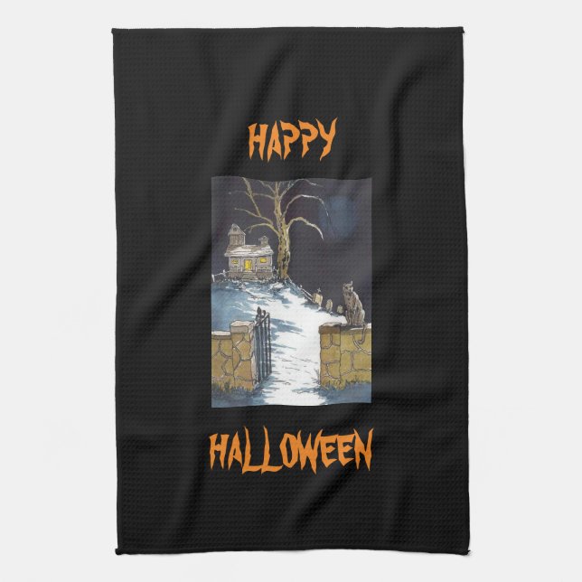 Scary Cute Halloween Haunted House Cat Kitchen Towel (Vertical)