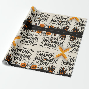Scary Cute Pumpkins, Ghosts & Spider Web Design Wrapping Paper