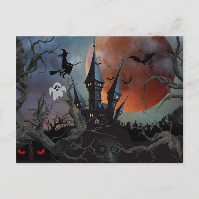 Scary Dark Halloween Night with Moon, Witch Postcard (Front)