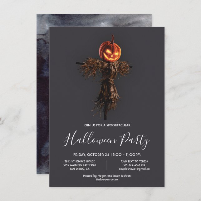 Scary Elegant Pumpkin Scarecrow Halloween Party In Invitation (Front/Back)