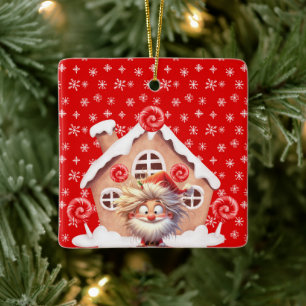 Scary Elf Candy Gingerbread House Ceramic Ornament