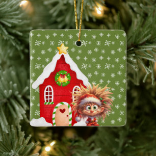 Scary Elf Candy Gingerbread House Ceramic Ornament