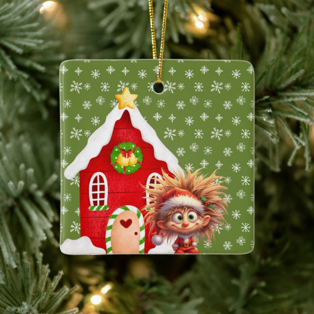 Scary Elf Candy Gingerbread House Ceramic Ornament (Tree)