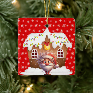 Scary Elf Candy Gingerbread House Ceramic Ornament