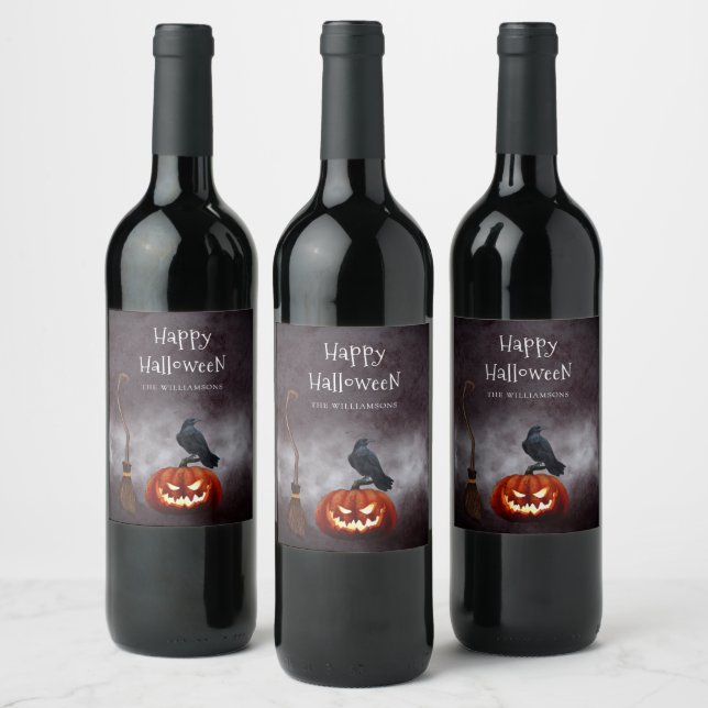 Scary Evil Pumpkin Happy Halloween Personalized Wine Label (Bottles)