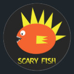 Scary Fish! Classic Round Sticker<br><div class="desc">SCARY FISH!  is a whimsical artwork design featuring a scary little fish ready for a bite!  He looks scary cute on a sticker!</div>