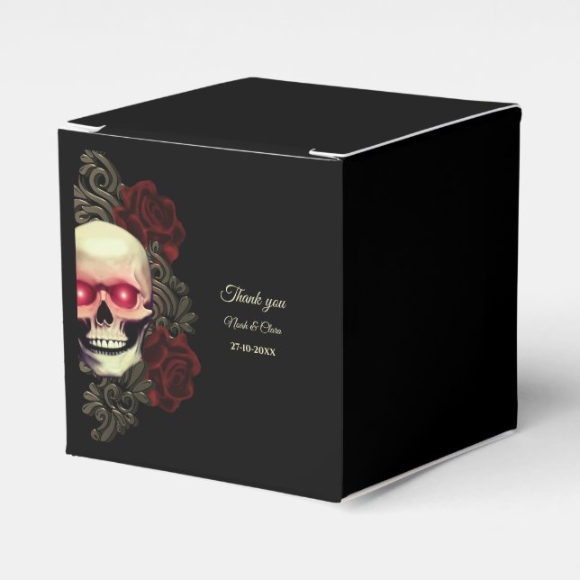Scary floral dark moody gothic skull hallowedding favor box (Front Side)