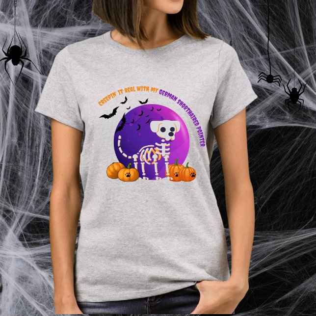 Scary  German Shorthaired Pointer Halloween TShirt (Spooky Halloween t-shirt with a dog skeleton, full moon, pumpkins, bats, and your favorite dog breed)
