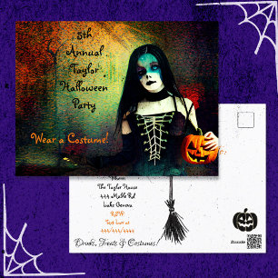 Scary Gothic Girl and Pumpkin Halloween Party Postcard