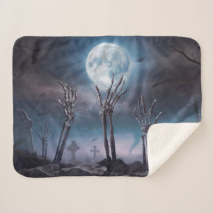 Scary Graveyard Hands Reaching Moon Halloween Sherpa Blanket