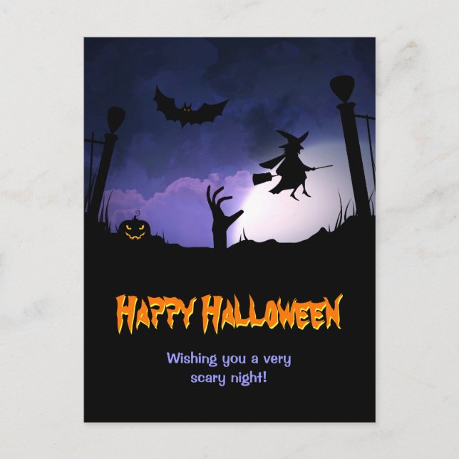 Scary Graveyard - Pumpkin Witch Happy Halloween Postcard (Front)