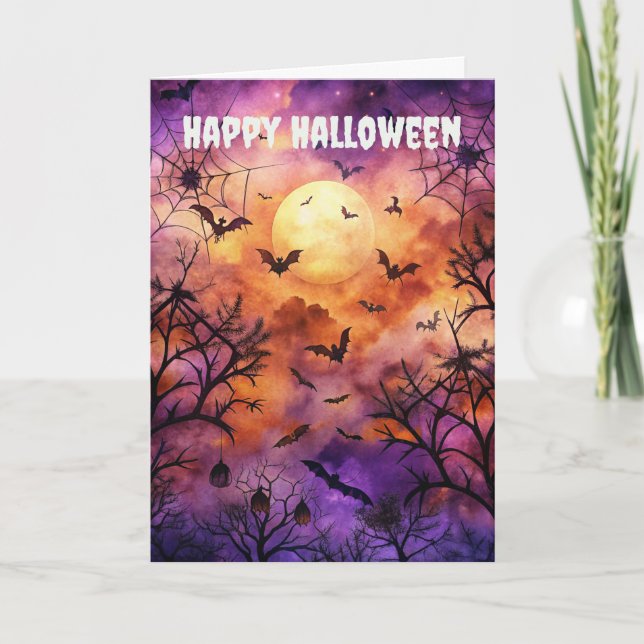 Scary Halloween Bats and Spider webs Holiday Card (Front)