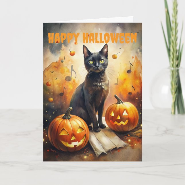 Scary Halloween Black Cat and Pumpkins Holiday Card (Front)