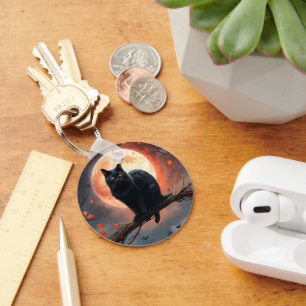 Scary Halloween Black Cat Moonlight, Keychain