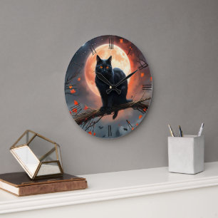 Scary Halloween Black Cat Moonlight,  Large Clock