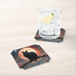 Scary Halloween Black Cat Moonlight,  Paper Coaster