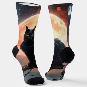 Scary Halloween Black Cat Moonlight,  Socks