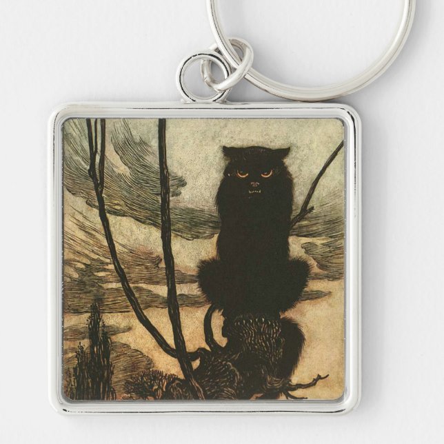 Scary Halloween Black Cat Vintage Rackham Keychain (Front)