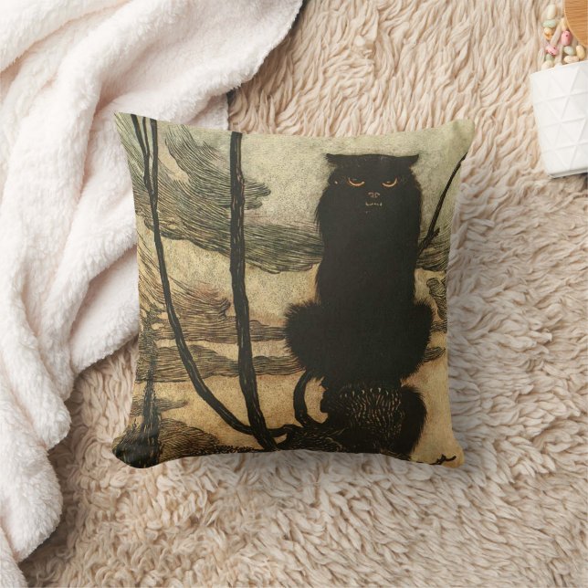 Scary Halloween Black Cat Vintage Rackham Throw Pillow (Blanket)