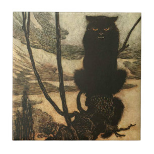 Scary Halloween Black Cat Vintage Rackham Tile
