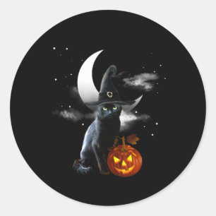 Scary Halloween Black Cat Witch Hat And Pumpkin  Classic Round Sticker