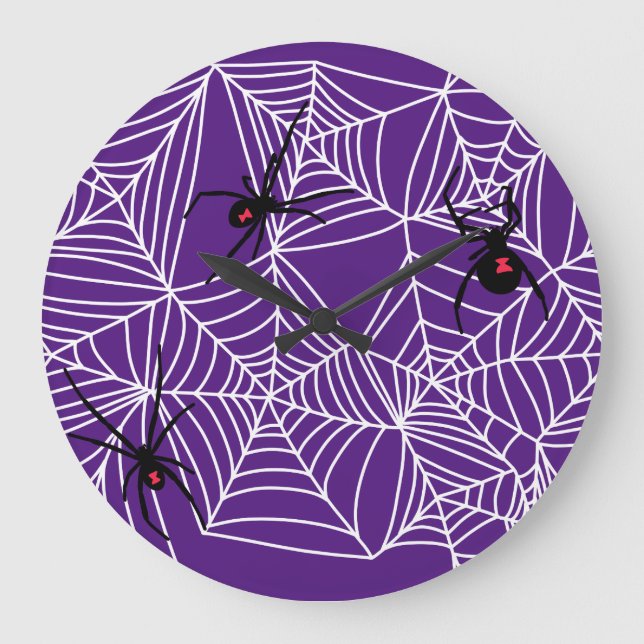 Scary Halloween Black Widow Spider Web Pattern Large Clock (Front)