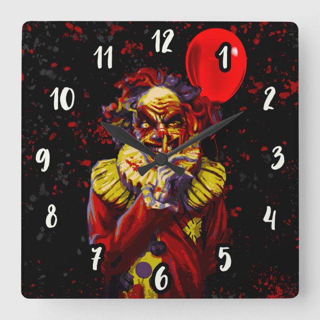 Scary Halloween Clown Horror Movie Party Square Wall Clock (Front)