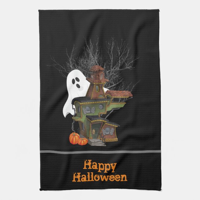 Scary Halloween Haunted House with Ghost Kitchen Towel (Vertical)