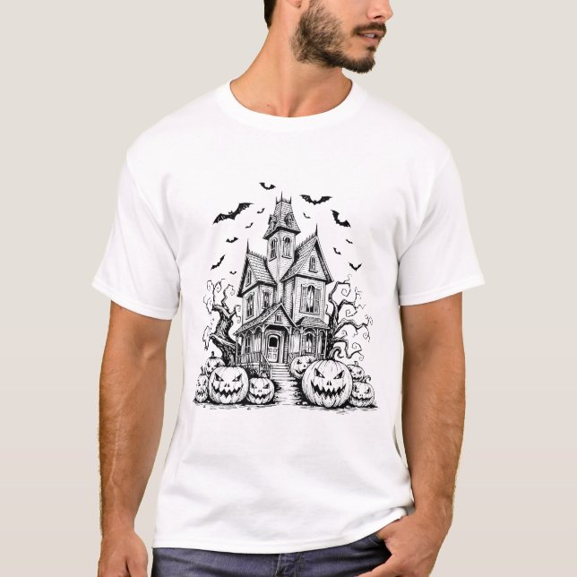 Scary Halloween House Spooky Season Bats Fall Jack T-Shirt (Front)
