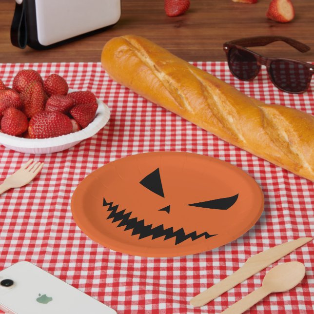 Scary Halloween Jack OLantern black face orange Paper Plate (Picnic)