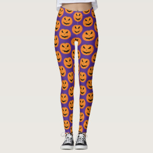 Scary Halloween Jack OLantern orange face purple Leggings