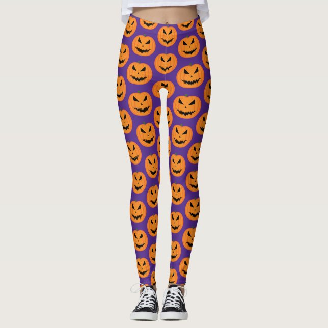 Scary Halloween Jack OLantern orange face purple Leggings (Front)