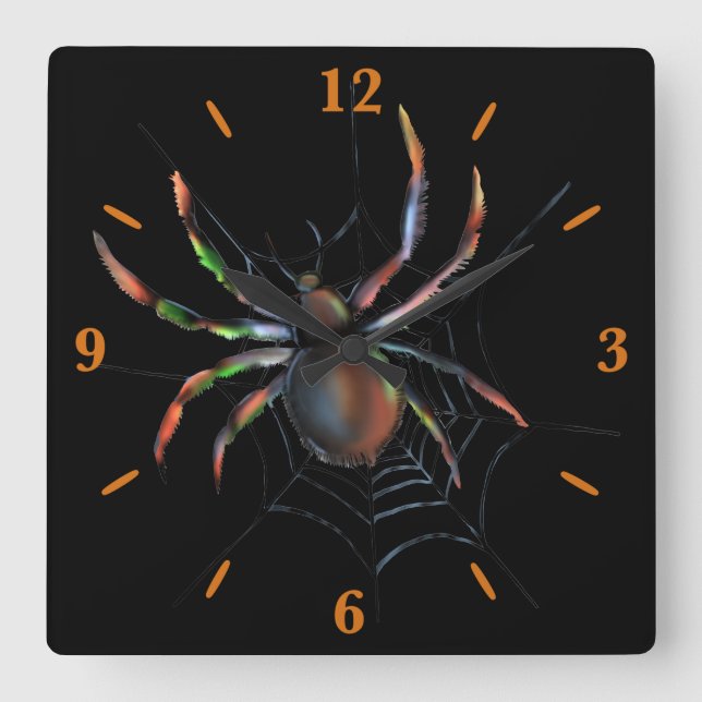Scary Halloween Metallic Spider And Web Square Wall Clock (Front)