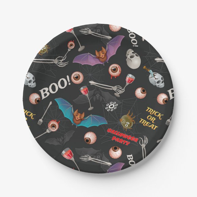 Scary Halloween Modern Icons Skull Bat Eyeballs Paper Plate (Front)