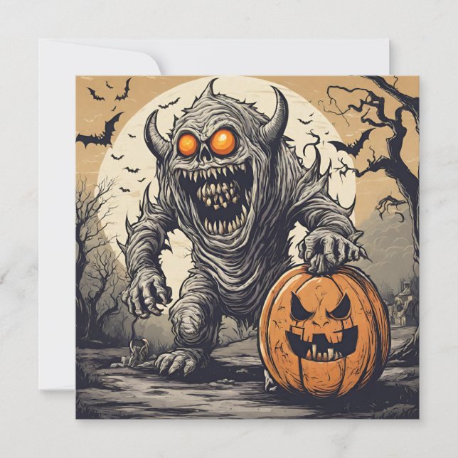 Scary Halloween Monster and Jack O'Lantern  Holiday Card (Front)