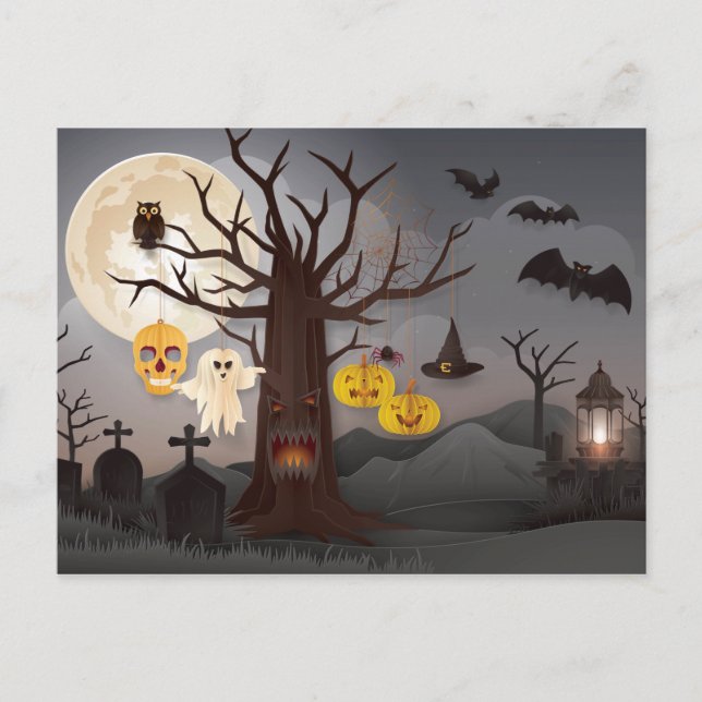 Scary Halloween Papercut Tree, Ghosts, Bats Postcard (Front)