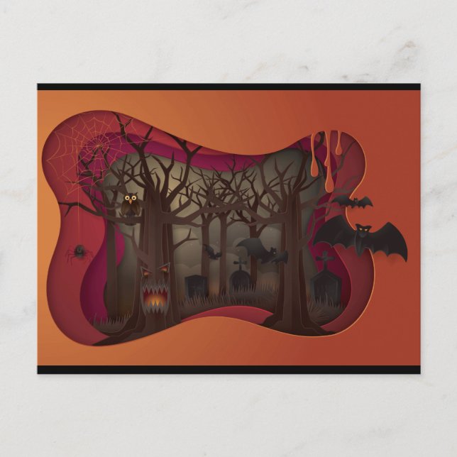 Scary Halloween Papercut Tree in Graveyard Postcard (Front)