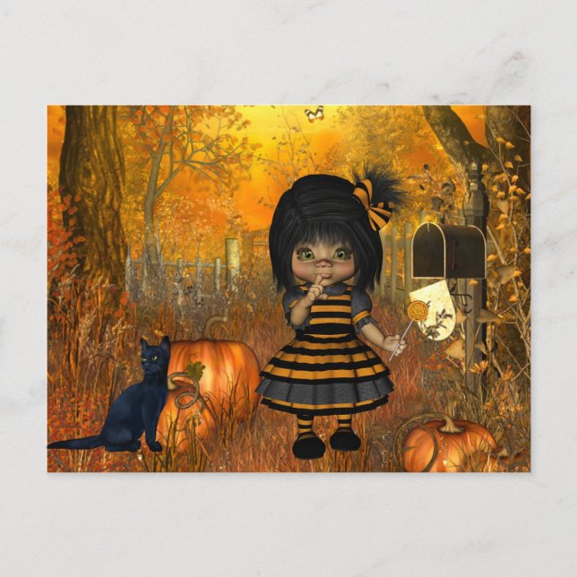 Scary Halloween Postcard with Little Girl (Front)