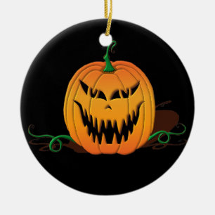 Scary Halloween Pumpkin Face Ceramic Ornament