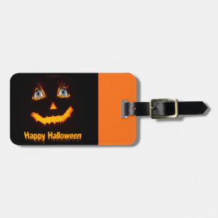 Scary Halloween pumpkin face with fiery blue eyes Luggage Tag