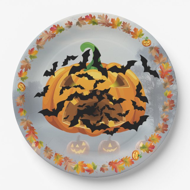 Scary Halloween Pumpkin With Bats Paper Plate (Front)