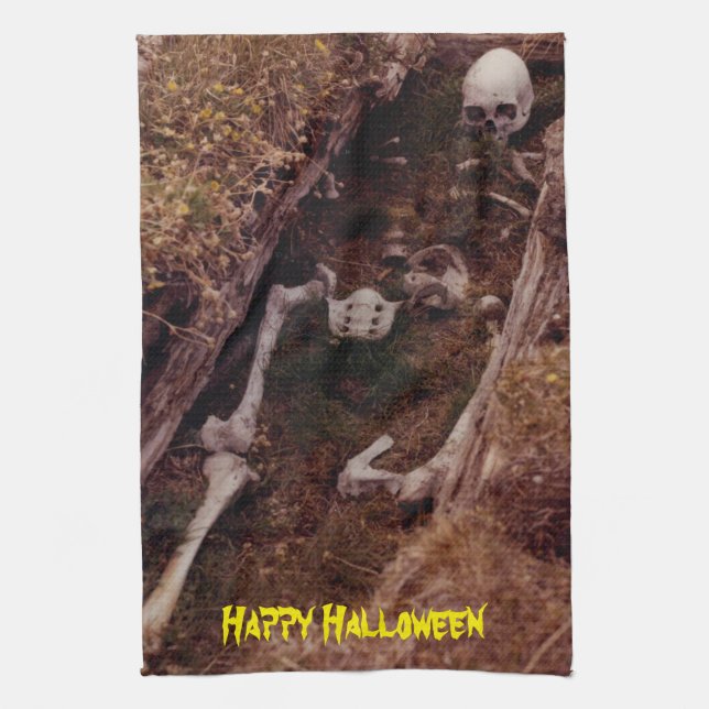 Scary Halloween Skeleton Bones Graveyard Designed Kitchen Towel (Vertical)