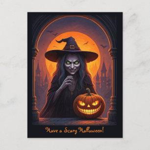 Scary Halloween Witch and Crazy Smile Pumpkin Postcard