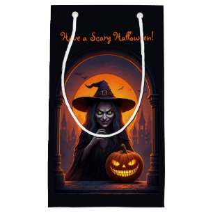 Scary Halloween Witch and Crazy Smile Pumpkin Small Gift Bag