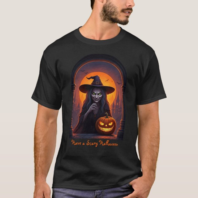 Scary Halloween Witch and Crazy Smile Pumpkin T-Shirt (Front)