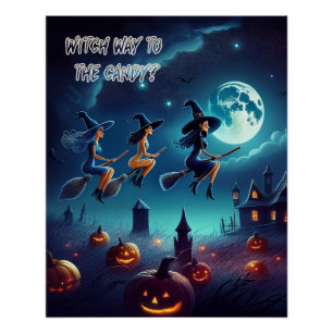 Scary Halloween Witches Heading For Party Poster